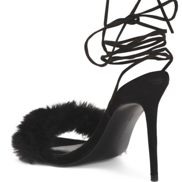 Good American Fluff Wrap Heeled Sandals Black Faux Fur Stiletto 4in Size 7 - Picture 4 of 6